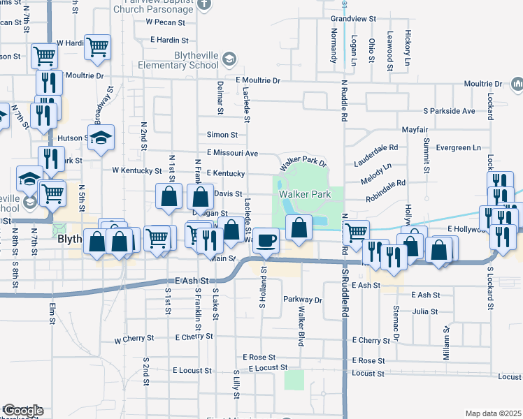 map of restaurants, bars, coffee shops, grocery stores, and more near 429 Dougan Street in Blytheville