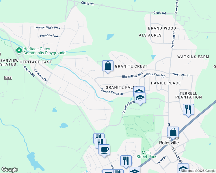 map of restaurants, bars, coffee shops, grocery stores, and more near 453 Granite Saddle Drive in Rolesville