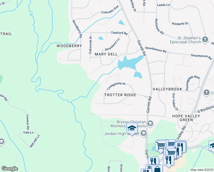 map of restaurants, bars, coffee shops, grocery stores, and more near 4120 Livingstone Place in Durham