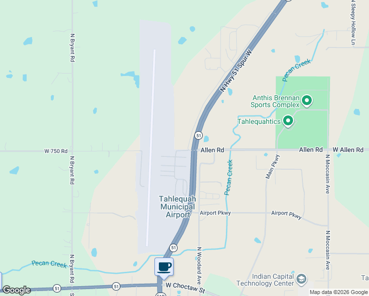 map of restaurants, bars, coffee shops, grocery stores, and more near 2100 Airport Parkway in Tahlequah