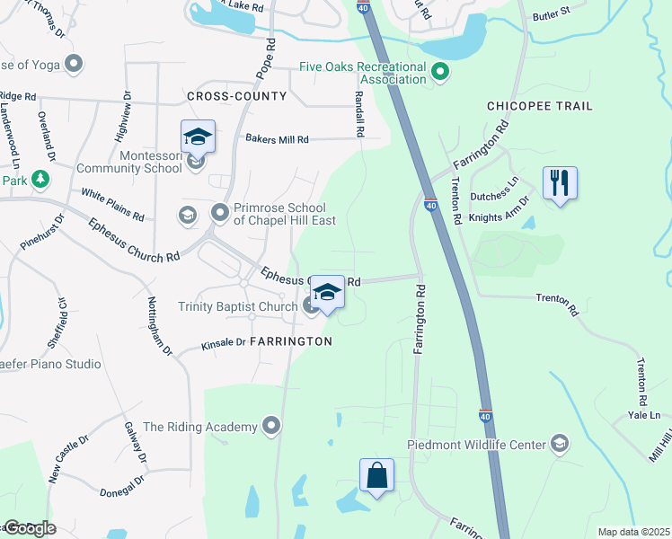 map of restaurants, bars, coffee shops, grocery stores, and more near 104 Boarstall Creek in Durham