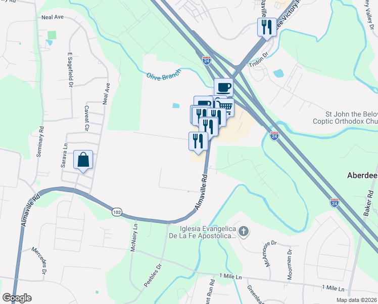 map of restaurants, bars, coffee shops, grocery stores, and more near 1918 Almaville Road in Smyrna