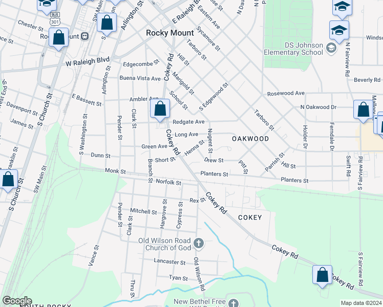 map of restaurants, bars, coffee shops, grocery stores, and more near 721 Henna Street in Rocky Mount