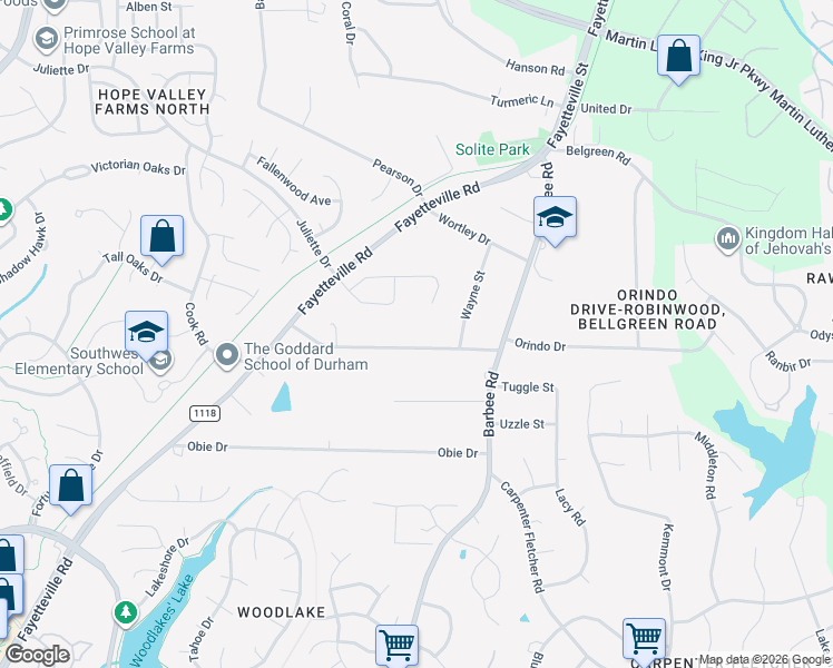 map of restaurants, bars, coffee shops, grocery stores, and more near 316 Ebon Road in Durham