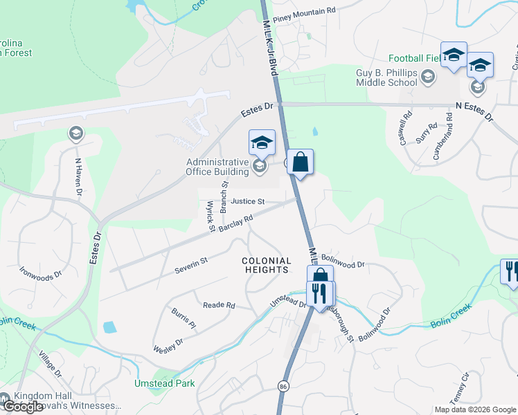 map of restaurants, bars, coffee shops, grocery stores, and more near 123 Barclay Road in Chapel Hill