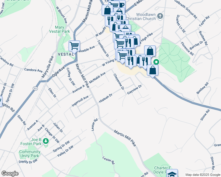 map of restaurants, bars, coffee shops, grocery stores, and more near 401 Hialeah Drive in Knoxville