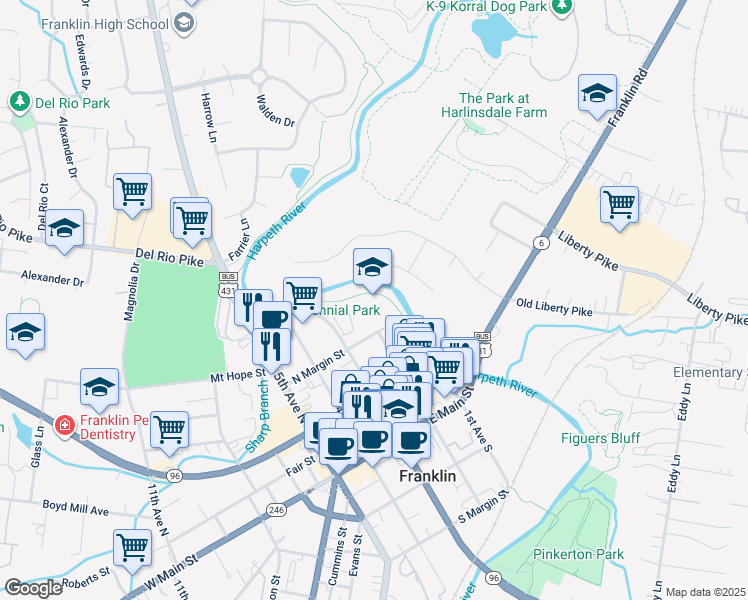 map of restaurants, bars, coffee shops, grocery stores, and more near in Franklin