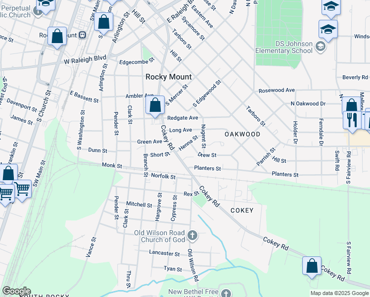 map of restaurants, bars, coffee shops, grocery stores, and more near 721 Henna Street in Rocky Mount