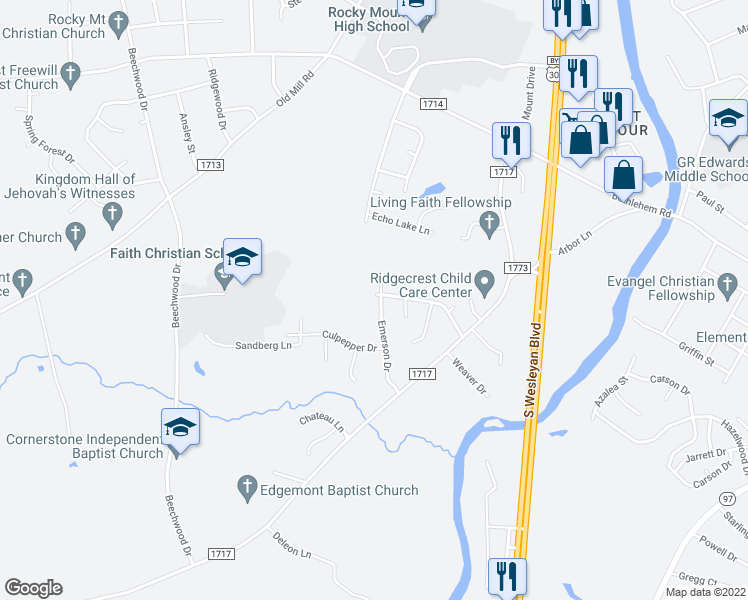map of restaurants, bars, coffee shops, grocery stores, and more near 228 Emerson Drive in Rocky Mount
