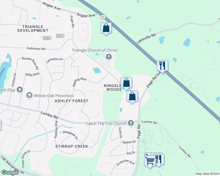 map of restaurants, bars, coffee shops, grocery stores, and more near 118 Kingsley Woods Drive in Durham