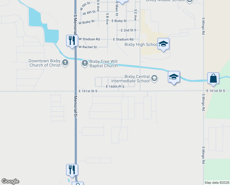 map of restaurants, bars, coffee shops, grocery stores, and more near 8602 East 160th Place South in Bixby