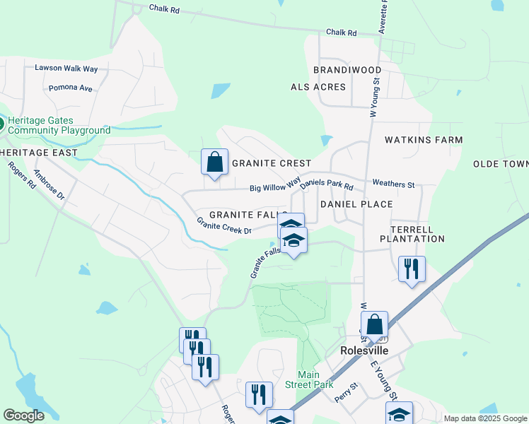 map of restaurants, bars, coffee shops, grocery stores, and more near Granite Saddle Drive in Rolesville