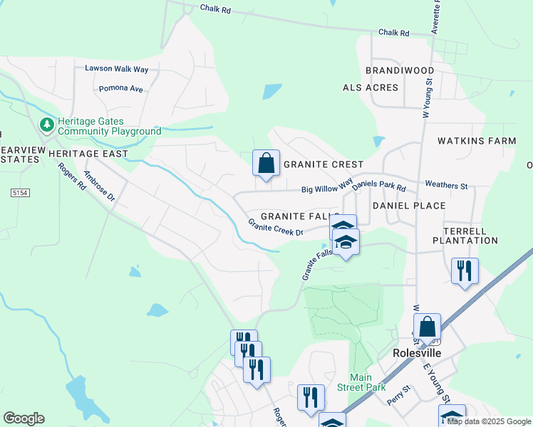 map of restaurants, bars, coffee shops, grocery stores, and more near 453 Granite Saddle Drive in Rolesville
