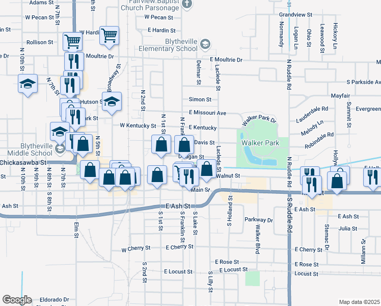 map of restaurants, bars, coffee shops, grocery stores, and more near 201-299 Delmar Street in Blytheville
