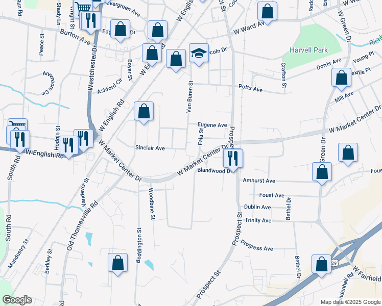 map of restaurants, bars, coffee shops, grocery stores, and more near 2421 Van Buren Street in High Point