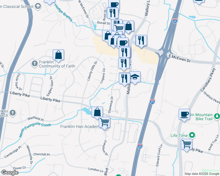 map of restaurants, bars, coffee shops, grocery stores, and more near 125 Stanwick Drive in Franklin
