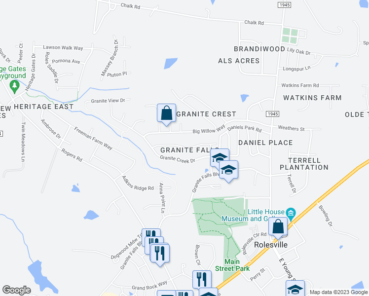 map of restaurants, bars, coffee shops, grocery stores, and more near Granite Saddle Drive in Rolesville