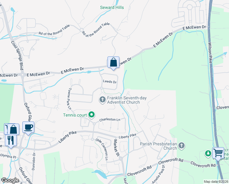map of restaurants, bars, coffee shops, grocery stores, and more near 1212 Broadmoor Circle in Franklin