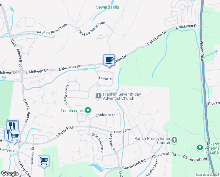 map of restaurants, bars, coffee shops, grocery stores, and more near 1212 Broadmoor Circle in Franklin