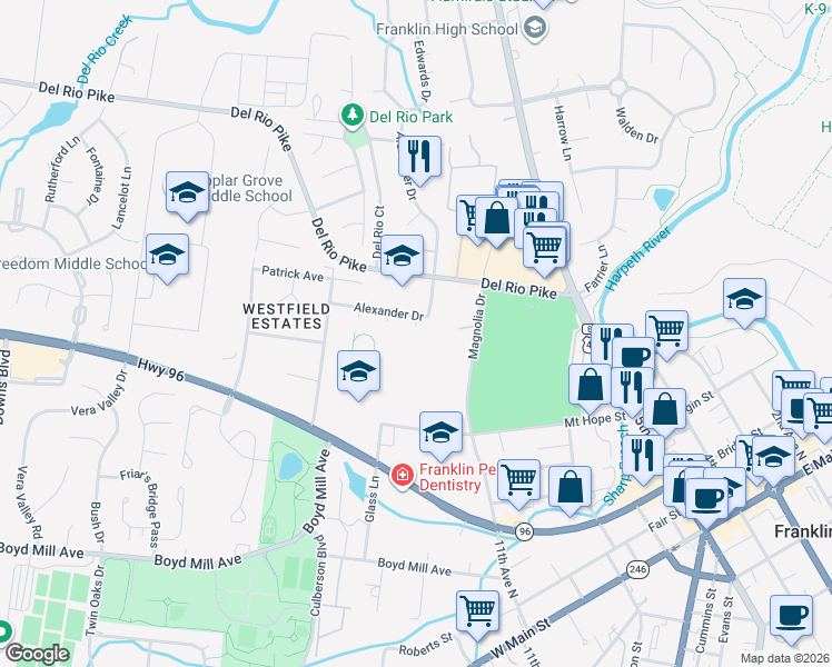 map of restaurants, bars, coffee shops, grocery stores, and more near 13 Lynn Court in Franklin