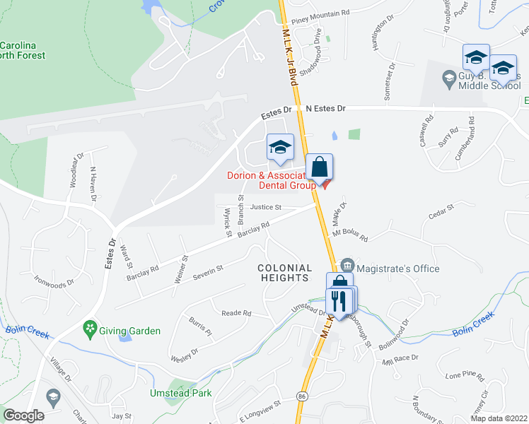 map of restaurants, bars, coffee shops, grocery stores, and more near 127 Justice Street in Chapel Hill