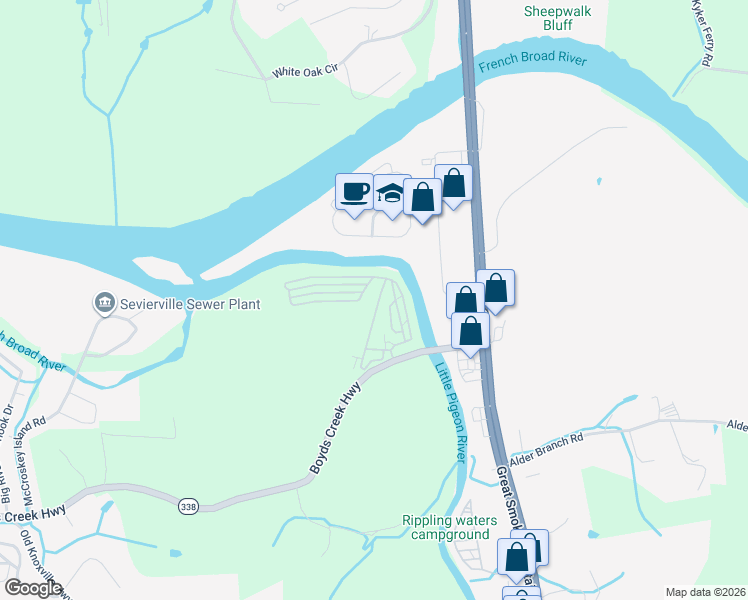 map of restaurants, bars, coffee shops, grocery stores, and more near 4280 Boyds Creek Highway in Sevierville
