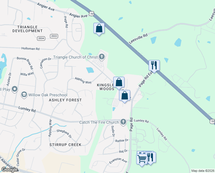 map of restaurants, bars, coffee shops, grocery stores, and more near 115 Kingsley Woods Drive in Durham