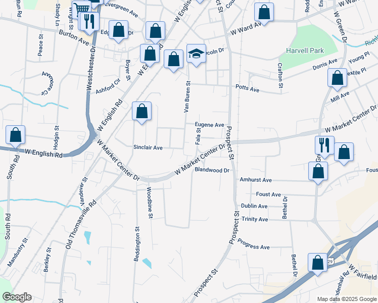 map of restaurants, bars, coffee shops, grocery stores, and more near 2421 Van Buren Street in High Point