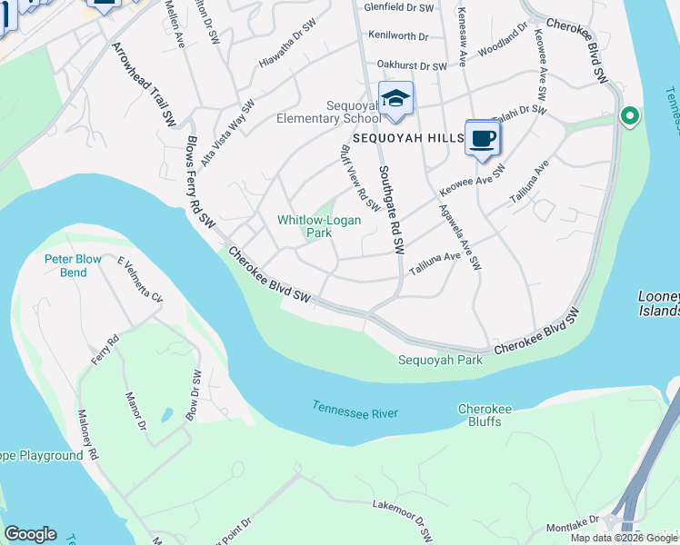 map of restaurants, bars, coffee shops, grocery stores, and more near 4058 Taliluna Avenue in Knoxville