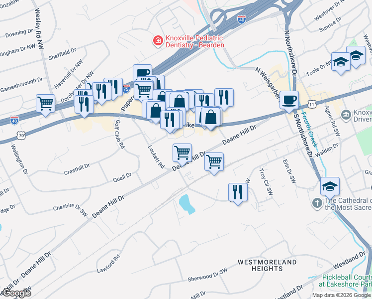 map of restaurants, bars, coffee shops, grocery stores, and more near 6513 Deane Hill Drive in Knoxville