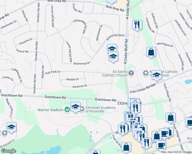 map of restaurants, bars, coffee shops, grocery stores, and more near 9405 Sarasota Drive in Knoxville
