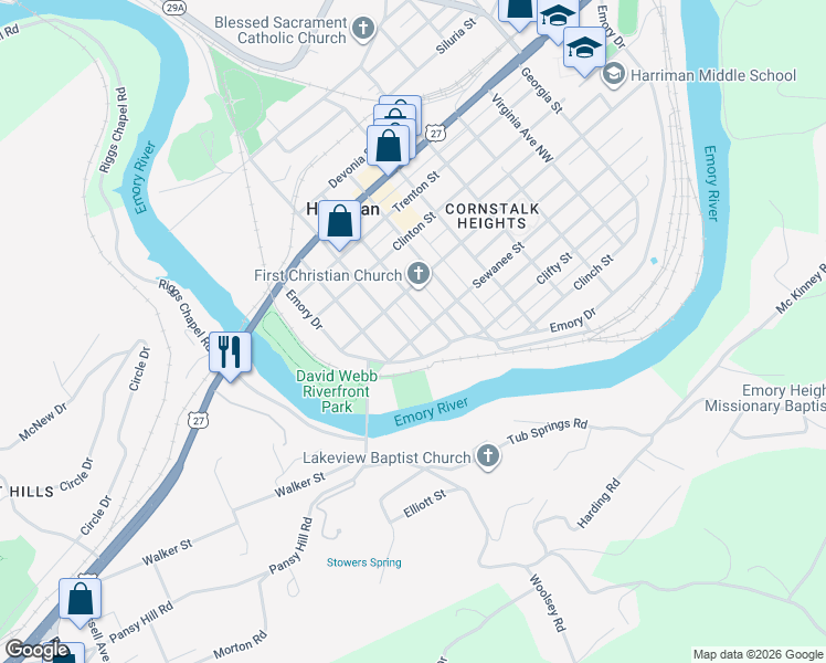 map of restaurants, bars, coffee shops, grocery stores, and more near 204 Emory Drive in Harriman