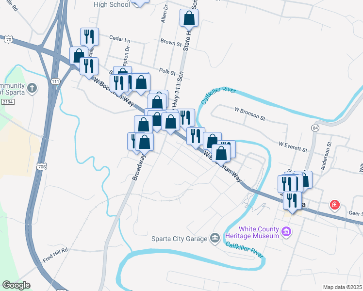map of restaurants, bars, coffee shops, grocery stores, and more near 339 Clark Street in Sparta