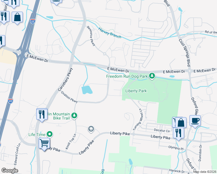 map of restaurants, bars, coffee shops, grocery stores, and more near 2013 Ovation Parkway in Franklin