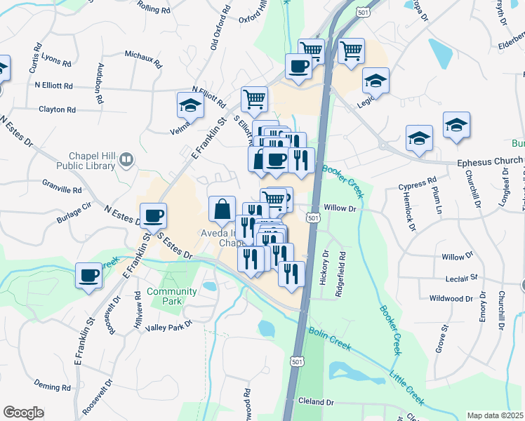 map of restaurants, bars, coffee shops, grocery stores, and more near 954 Willow Drive in Chapel Hill