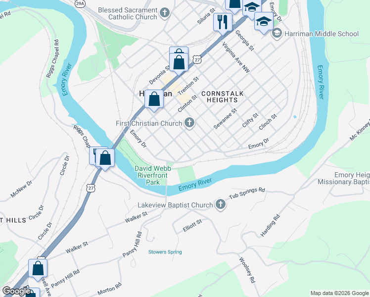 map of restaurants, bars, coffee shops, grocery stores, and more near 302 Byrd Avenue in Harriman