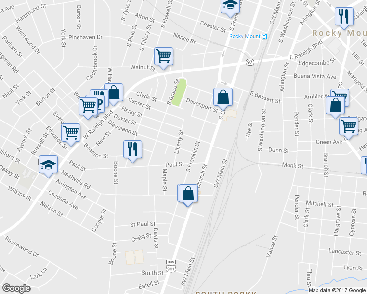 map of restaurants, bars, coffee shops, grocery stores, and more near 328 Cleveland Street in Rocky Mount