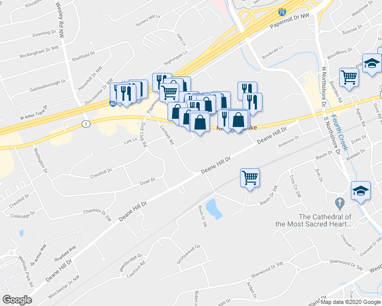 map of restaurants, bars, coffee shops, grocery stores, and more near 6529 Deane Hill Drive Southwest in Knoxville