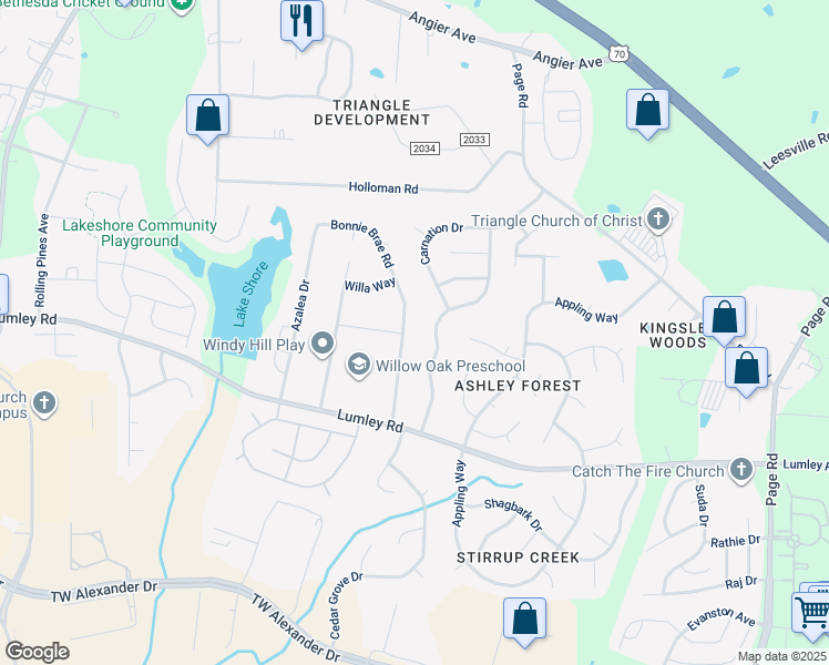 map of restaurants, bars, coffee shops, grocery stores, and more near 2525 Bonnie Brae Road in Durham
