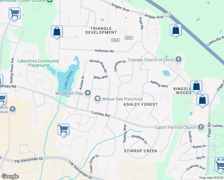 map of restaurants, bars, coffee shops, grocery stores, and more near 2525 Bonnie Brae Road in Durham