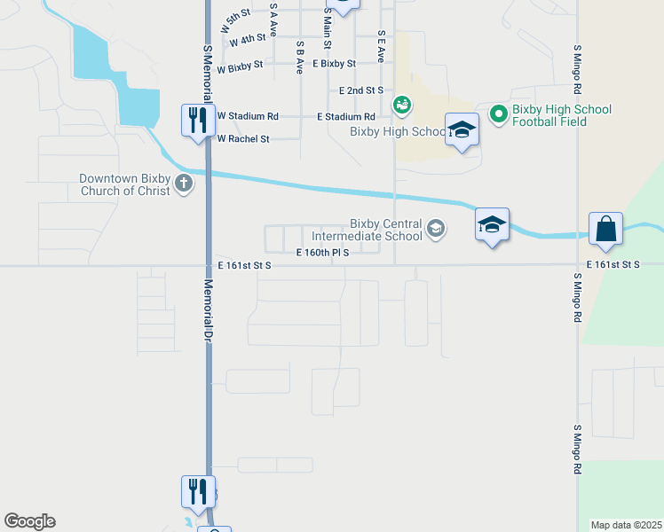 map of restaurants, bars, coffee shops, grocery stores, and more near 8498 East 161st Street South in Bixby