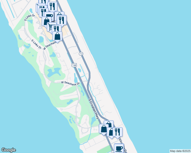 map of restaurants, bars, coffee shops, grocery stores, and more near 104 East Sandfiddler Court in Nags Head