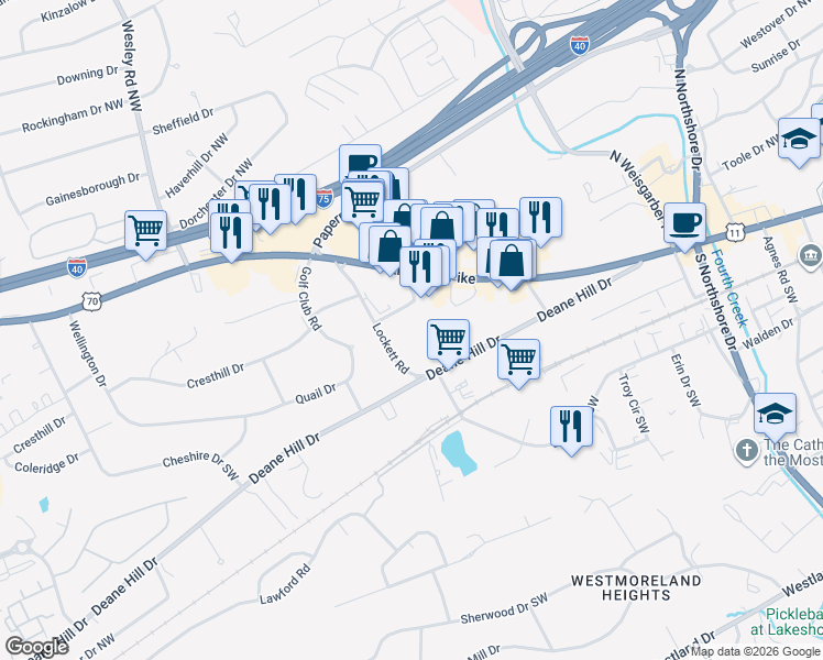map of restaurants, bars, coffee shops, grocery stores, and more near 6529 Deane Hill Drive in Knoxville