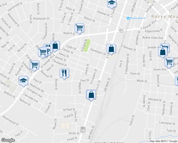 map of restaurants, bars, coffee shops, grocery stores, and more near 328 Cleveland Street in Rocky Mount