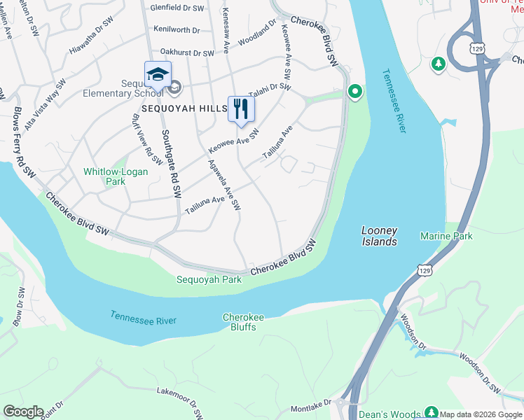 map of restaurants, bars, coffee shops, grocery stores, and more near 1540 Agawela Avenue Southwest in Knoxville