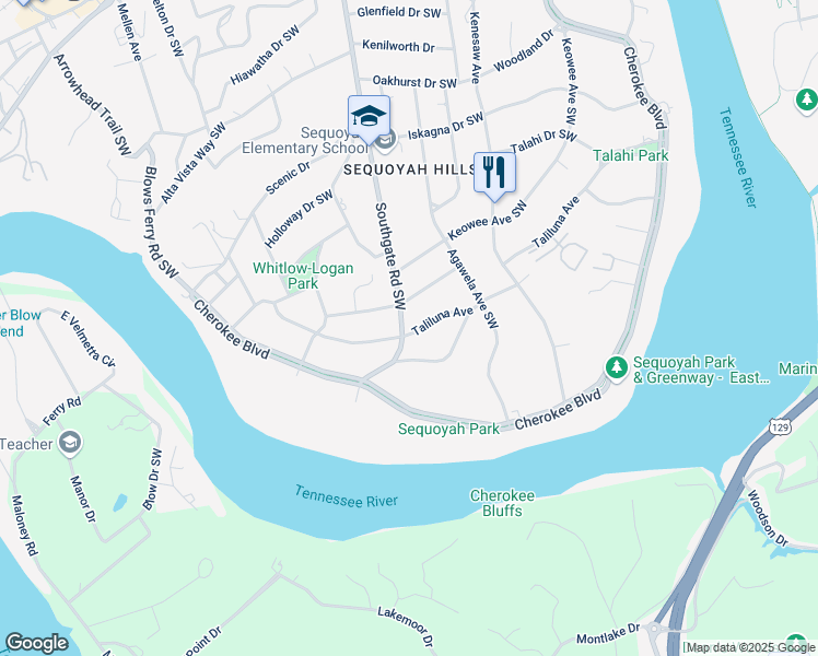 map of restaurants, bars, coffee shops, grocery stores, and more near 3941 Wilani Road in Knoxville