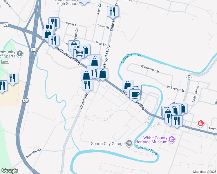 map of restaurants, bars, coffee shops, grocery stores, and more near 339 Clark Street in Sparta