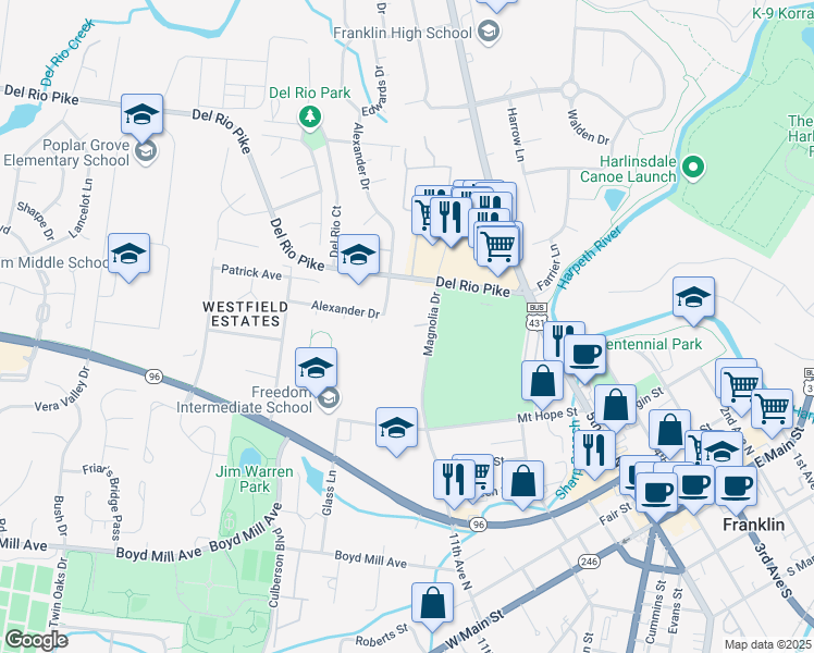 map of restaurants, bars, coffee shops, grocery stores, and more near 8 Magnolia Drive in Franklin