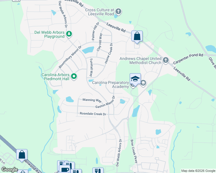 map of restaurants, bars, coffee shops, grocery stores, and more near 1145 Gaston Manor Drive in Durham
