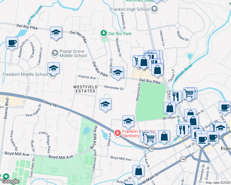 map of restaurants, bars, coffee shops, grocery stores, and more near 13 Lynn Court in Franklin